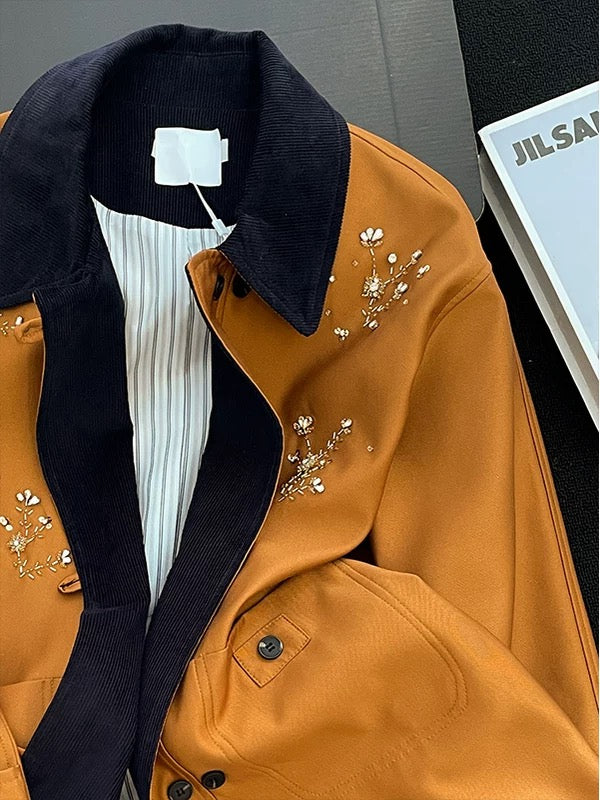 2025 Autumn New Retro Patchwork Collar Embroidered Jacket for Women, French Lazy Style, Loose Fit, Slimming, Versatile Jacket