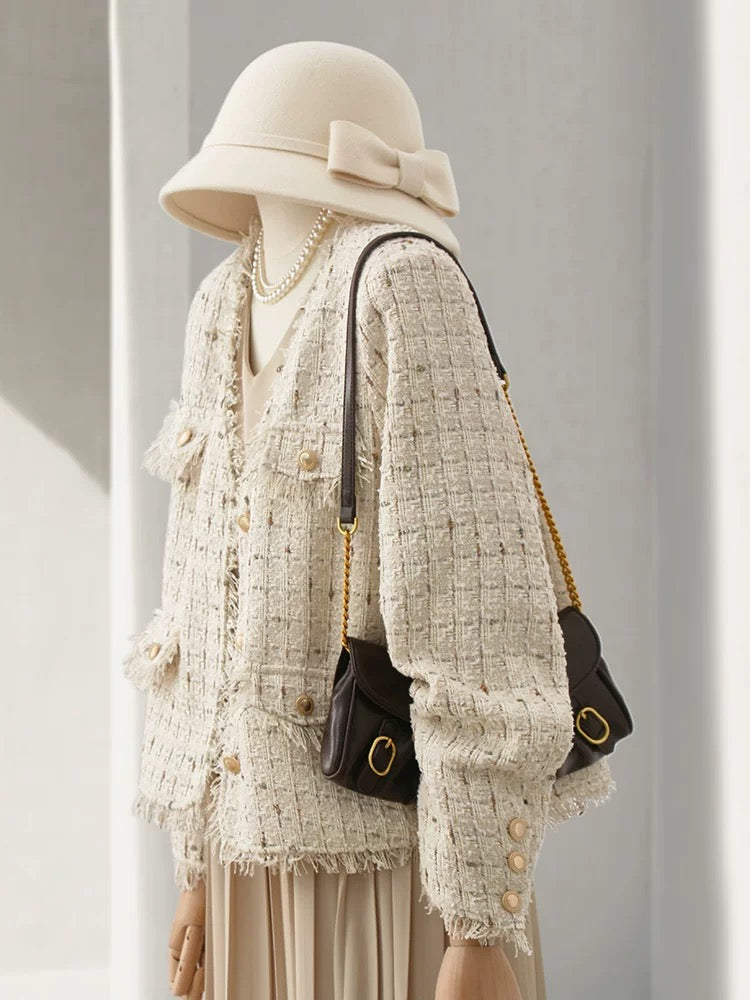 4U4U 2024 Spring New Off-White Checkered Small Fragrance Jacket Women's French Style Tweed Top