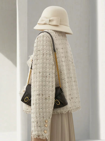 4U4U 2024 Spring New Off-White Checkered Small Fragrance Jacket Women's French Style Tweed Top