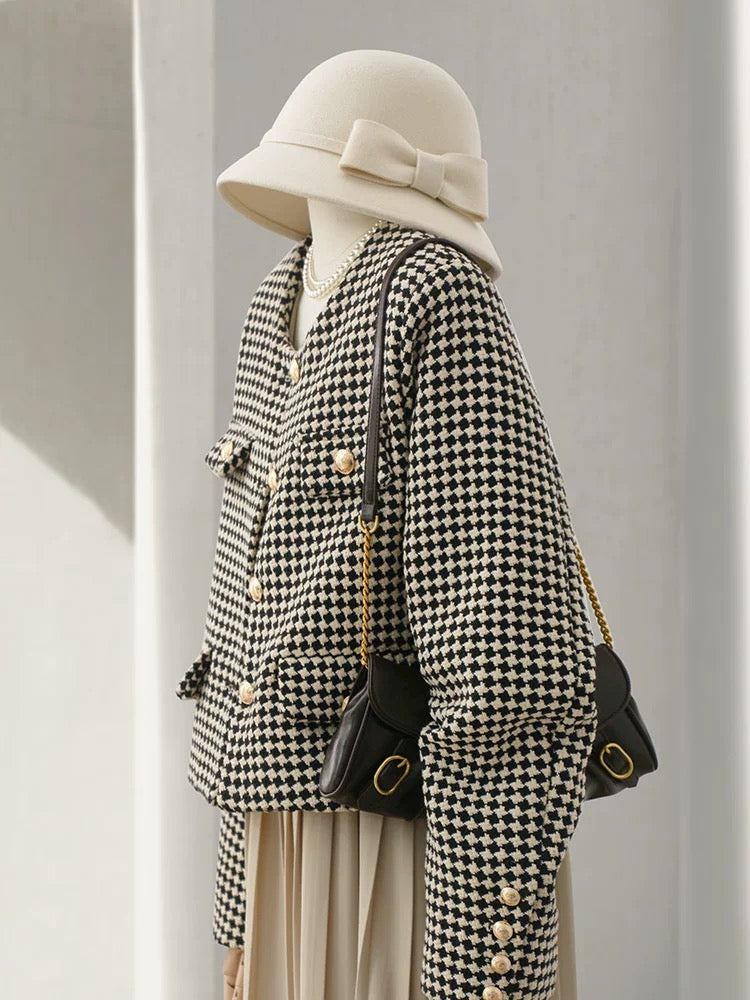 4U4U 2024 Spring New Black and White Houndstooth Tweed Short Jacket Women's Fashion French Style Single-breasted Top