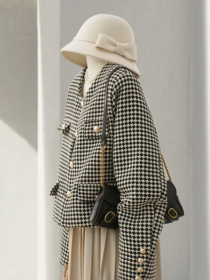 4U4U 2024 Spring New Black and White Houndstooth Tweed Short Jacket Women's Fashion French Style Single-breasted Top