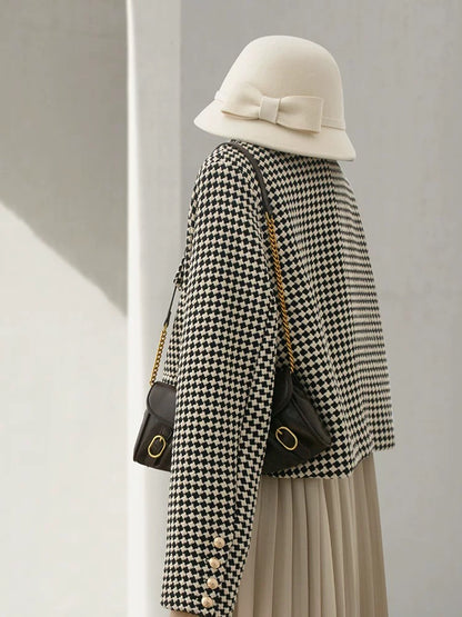 4U4U 2024 Spring New Black and White Houndstooth Tweed Short Jacket Women's Fashion French Style Single-breasted Top