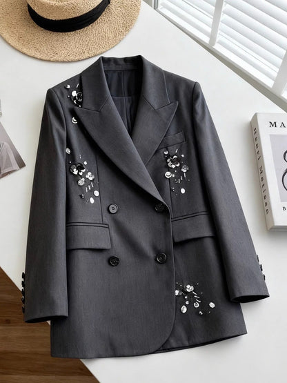 Luxury Beaded Suit Jacket for Women, 2025 New Style, Plus Size, Versatile, Fashionable Lapel Double-Breasted Suit Jacket
