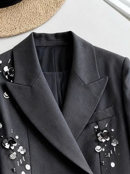 Luxury Beaded Suit Jacket for Women, 2025 New Style, Plus Size, Versatile, Fashionable Lapel Double-Breasted Suit Jacket