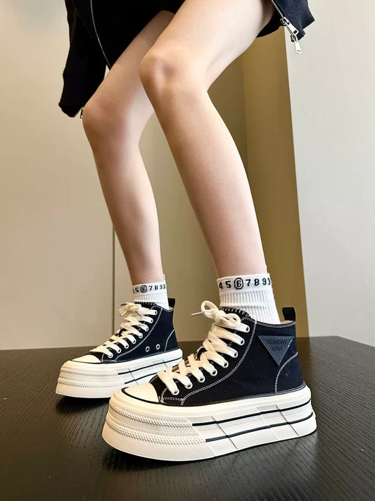 Trendy version and quality~Sakura pink platform shoes, high-top canvas shoes for women, slimming and taller, white shoes and sneakers