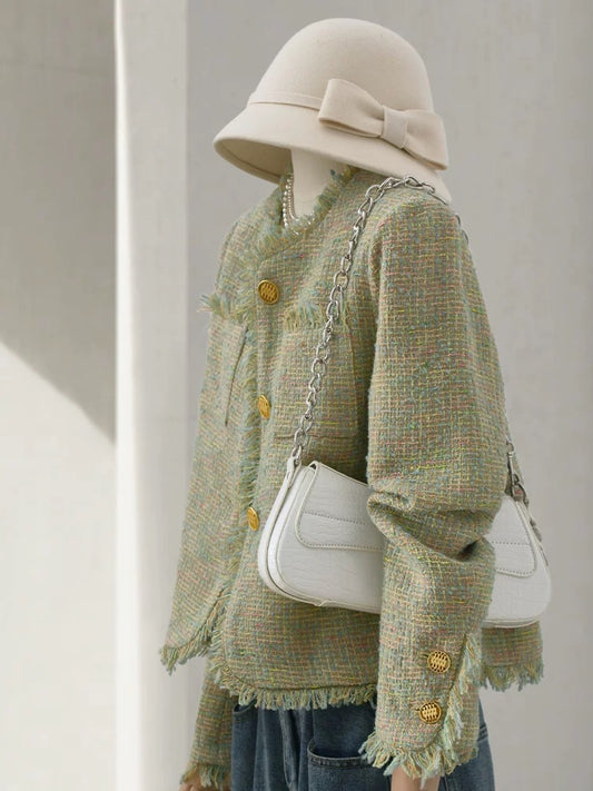 4U4U 2024 spring new color green tweed short coat for women, super nice tassel edge small fragrant top