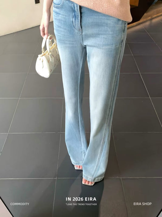 Muxingzi Eira "Leg-Lengthening" Slim-Fit Mid-Rise Flared Jeans – Women's Casual Washed Long Pants for Summer
