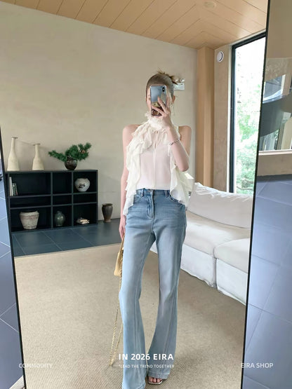 Muxingzi Eira "Leg-Lengthening" Slim-Fit Mid-Rise Flared Jeans – Women's Casual Washed Long Pants for Summer