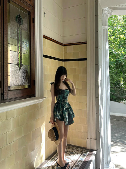 Lienni 2025 Summer New Style Elegant and Versatile Manor Green Vine Waist-Slimming Hollowed-Out Fishbone Corset for Women