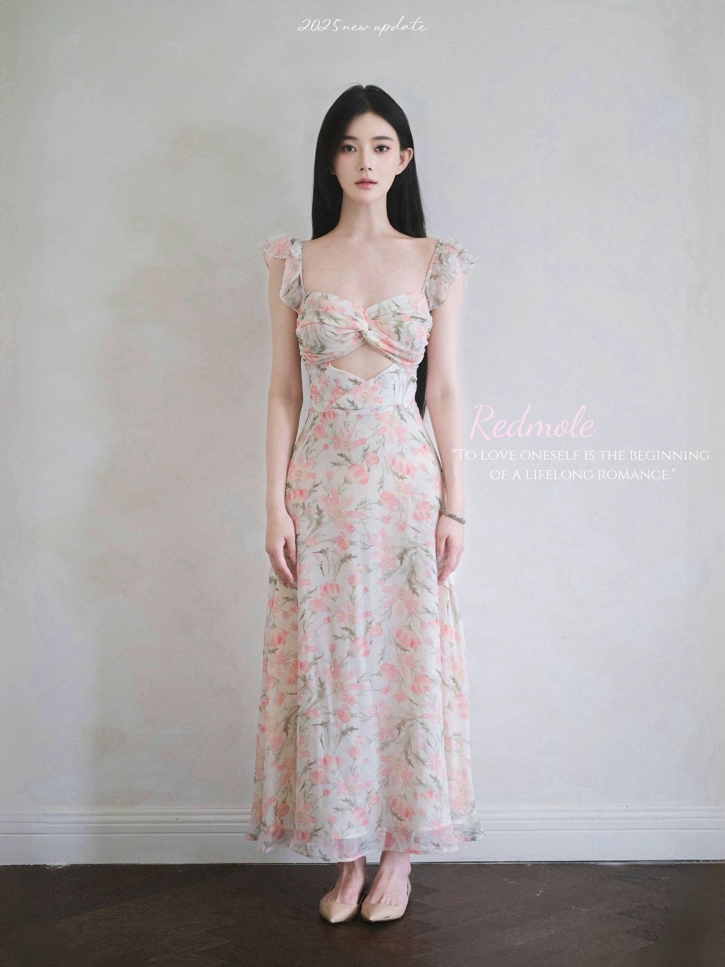 Redmole 【Pink Glow】Georgette Chiffon | Original Dahlia Print Mini Sleeve Maxi Dress