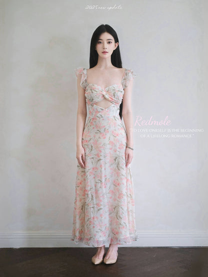 Redmole 【Pink Glow】Georgette Chiffon | Original Dahlia Print Mini Sleeve Maxi Dress