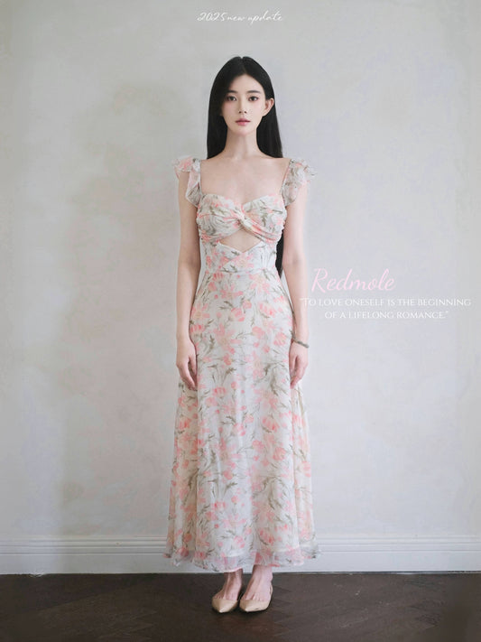 Redmole 【Pink Glow】Georgette Chiffon | Original Dahlia Print Mini Sleeve Maxi Dress