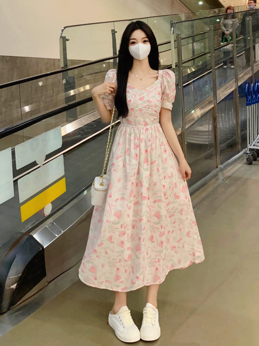 Large size V-neck puff sleeve French floral dress for women 2023 new summer fat mm skirt with high-end texture