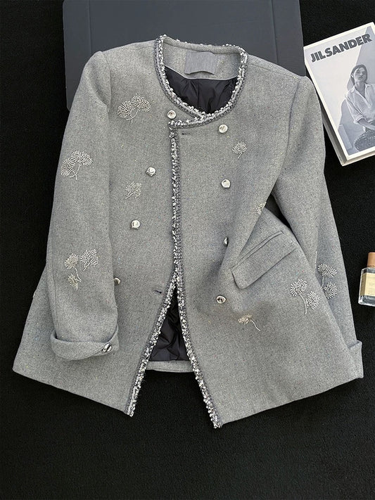 Gray, elegant, loose-fitting embroidered double-breasted tweed coat for women, winter 2025, sophisticated and casual long-sleeved top.