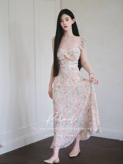 Redmole 【Pink Glow】Georgette Chiffon | Original Dahlia Print Mini Sleeve Maxi Dress