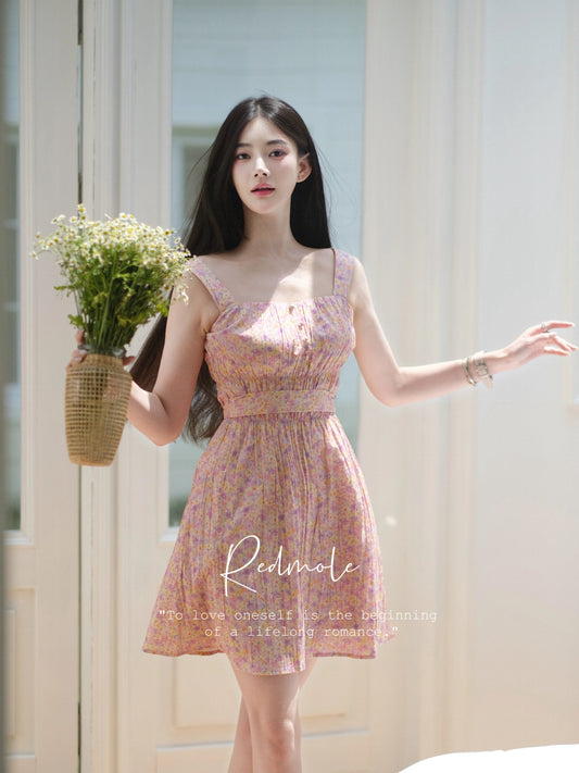 Redmole 【Pink Cotton】100% Combed Cotton Hand-Painted Watercolor Floral Pattern｜Girlish Sundress