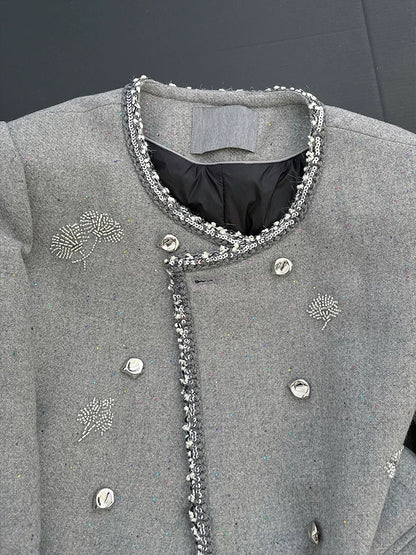Gray, elegant, loose-fitting embroidered double-breasted tweed coat for women, winter 2025, sophisticated and casual long-sleeved top.