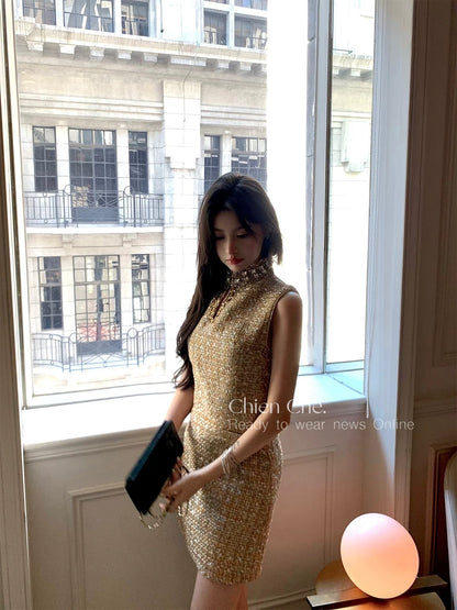 Chien Heavy Industry Diamond-encrusted Chaebol Daughter Dress Summer Small Fragrant Style Beaded Waist Sleeveless Dress for Women