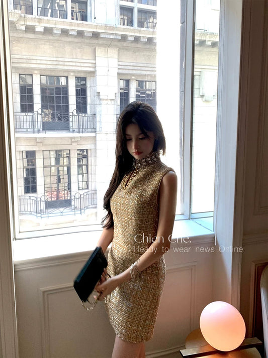 Chien Heavy Industry Diamond-encrusted Chaebol Daughter Dress Summer Small Fragrant Style Beaded Waist Sleeveless Dress for Women
