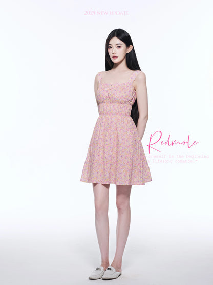 Redmole 【Pink Cotton】100% Combed Cotton Hand-Painted Watercolor Floral Pattern｜Girlish Sundress