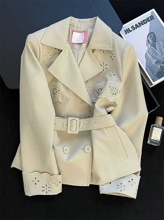 2025 Autumn New Style Hollow-out Long-sleeved Jacket for Women, Double-breasted with Lapel, Slim Waist, Elegant and Versatile Top