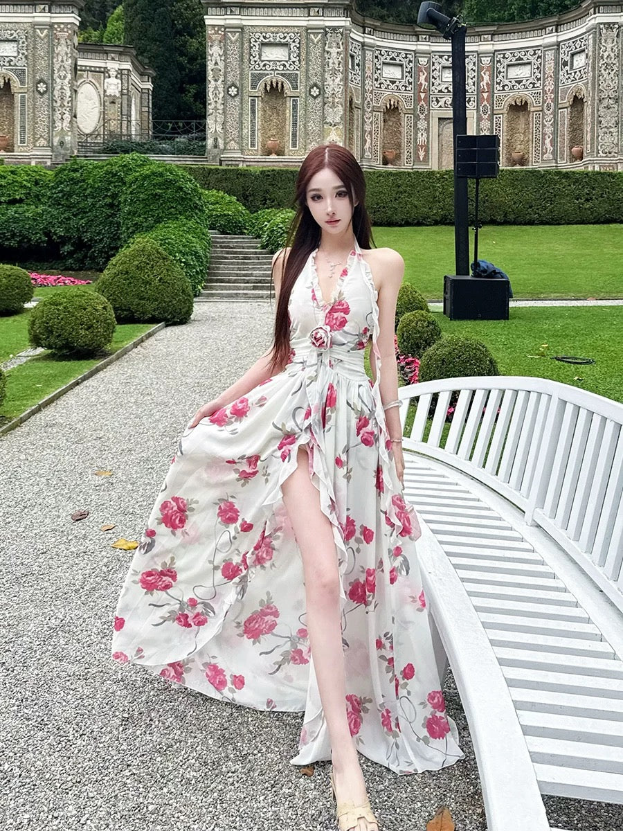 Moon Vera [Peach Blossom Secret Realm] Elegant High-End Floral Printed Slip Dress, Tall and Slim Fit with Slit Skirt