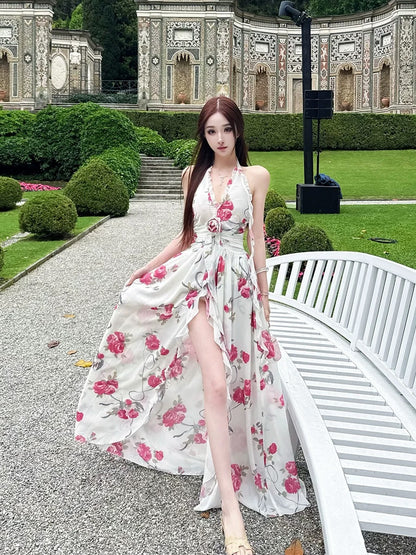 Moon Vera [Peach Blossom Secret Realm] Elegant High-End Floral Printed Slip Dress, Tall and Slim Fit with Slit Skirt