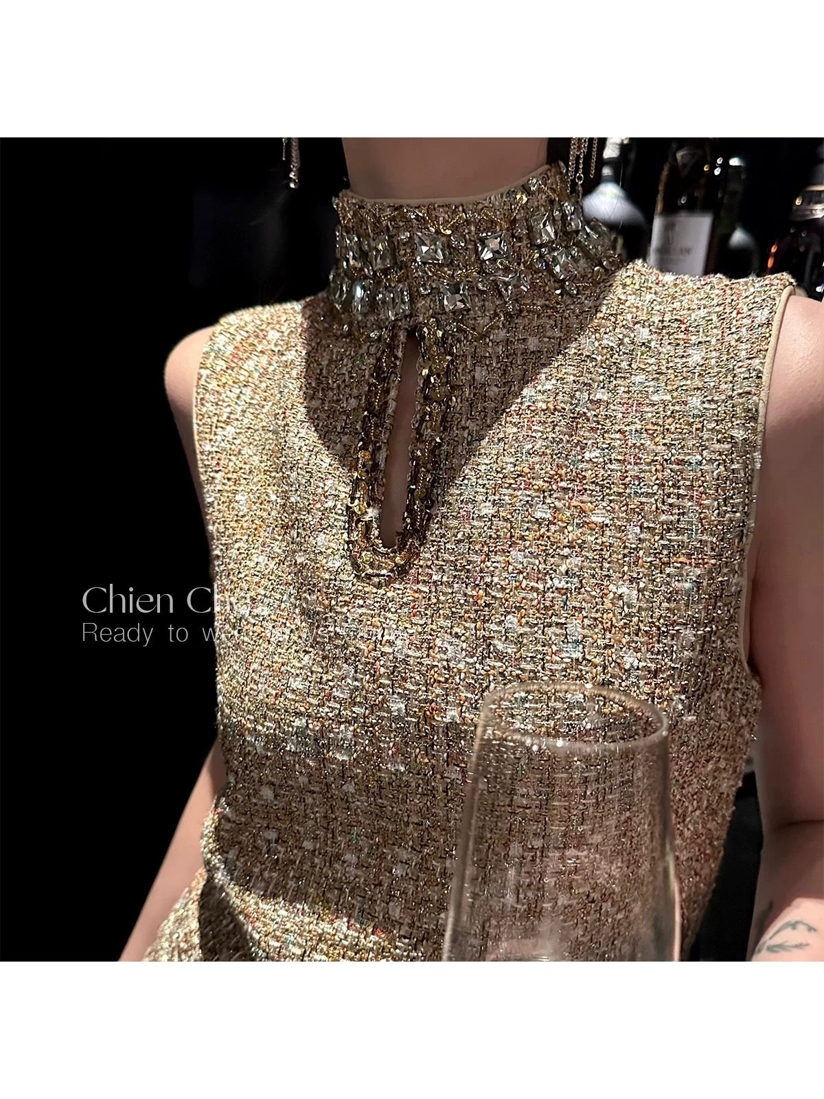 Chien Heavy Industry Diamond-encrusted Chaebol Daughter Dress Summer Small Fragrant Style Beaded Waist Sleeveless Dress for Women