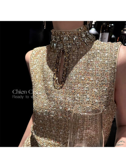 Chien Heavy Industry Diamond-encrusted Chaebol Daughter Dress Summer Small Fragrant Style Beaded Waist Sleeveless Dress for Women