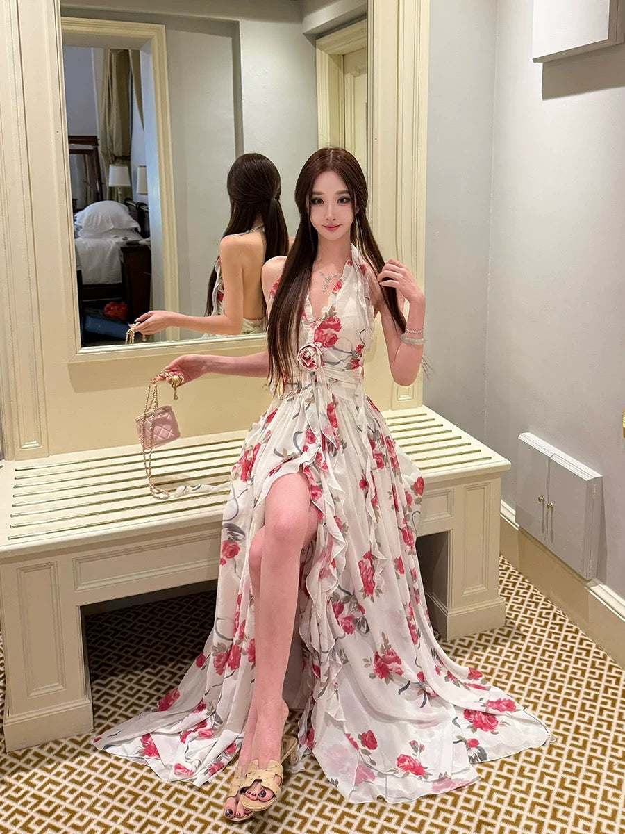 Moon Vera [Peach Blossom Secret Realm] Elegant High-End Floral Printed Slip Dress, Tall and Slim Fit with Slit Skirt