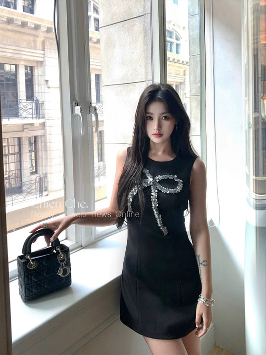 Chien Chien Lady Style Black Waisted Short Skirt Summer Sexy Diamond Bow Sleeveless Dress for Women