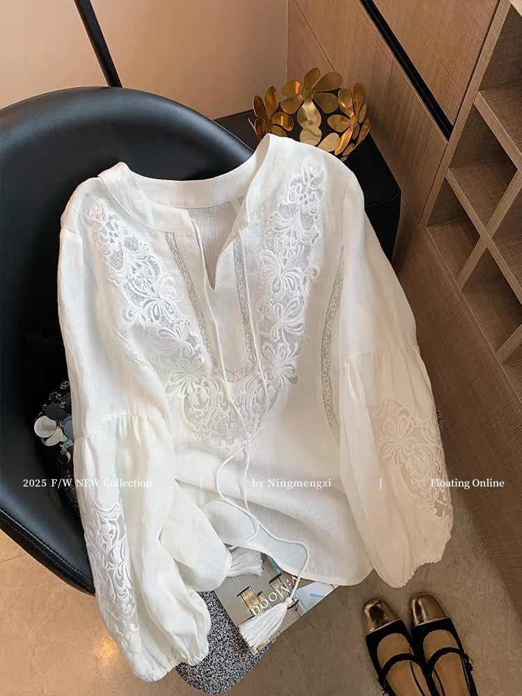 French-style white openwork embroidered linen shirt for women, new spring/summer 2025 style, chic, youthful, and effortlessly stylish.