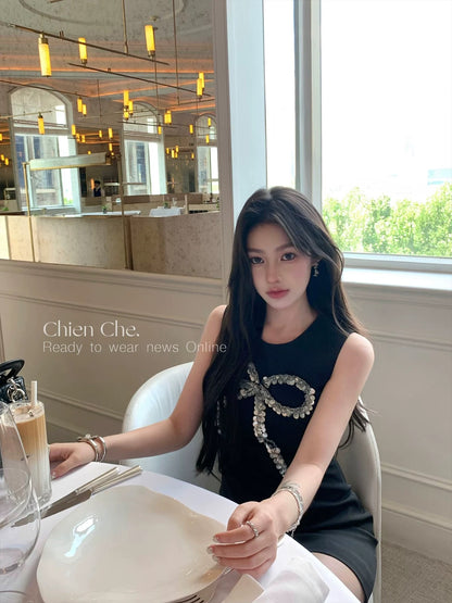 Chien Chien Lady Style Black Waisted Short Skirt Summer Sexy Diamond Bow Sleeveless Dress for Women