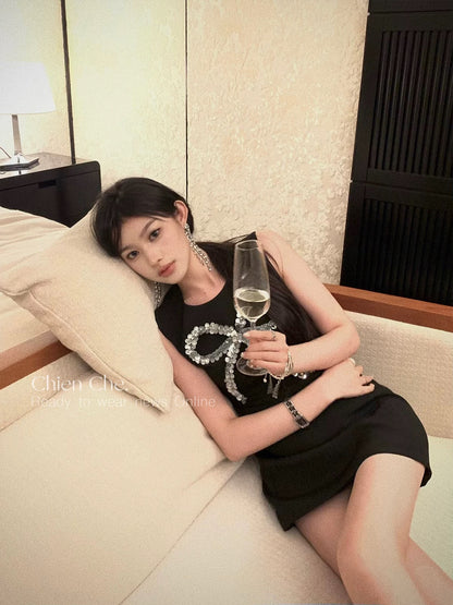 Chien Chien Lady Style Black Waisted Short Skirt Summer Sexy Diamond Bow Sleeveless Dress for Women