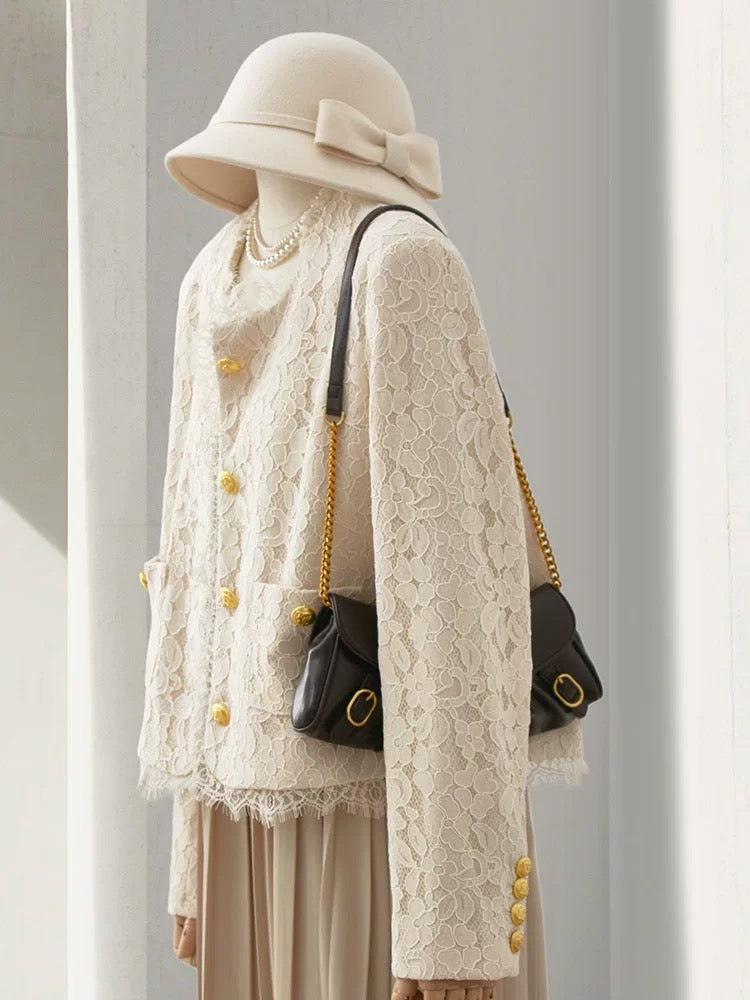 4U4U 2024 spring new style beige lace jacket for women, stunning daughter-in-law, small fragrant style single-breasted top