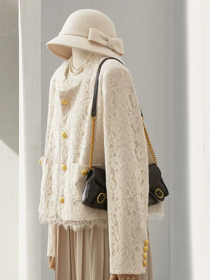 4U4U 2024 spring new style beige lace jacket for women, stunning daughter-in-law, small fragrant style single-breasted top