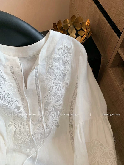 French-style white openwork embroidered linen shirt for women, new spring/summer 2025 style, chic, youthful, and effortlessly stylish.