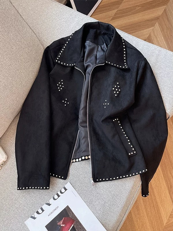 Korean-style cool and chic studded jacket for women, new winter 2025 style, black lapel zip-up top.