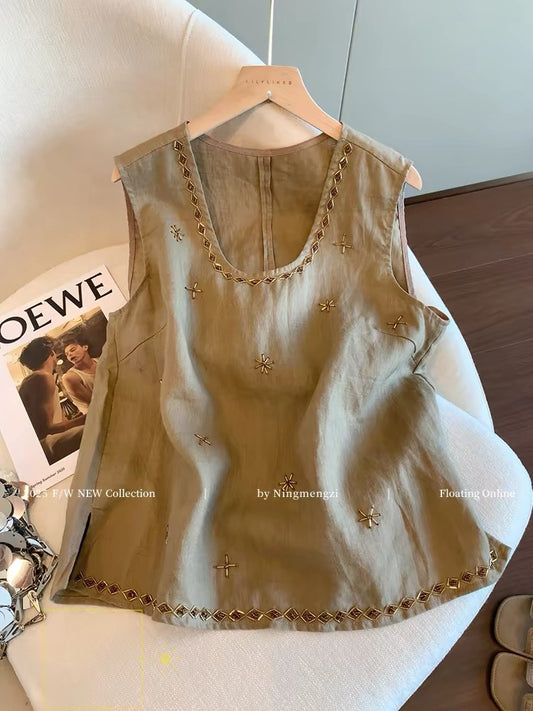Old Money Style Beaded U-Neck Linen Sleeveless Top for Women, 2025 Summer New Arrival, Versatile and Youthful Vest