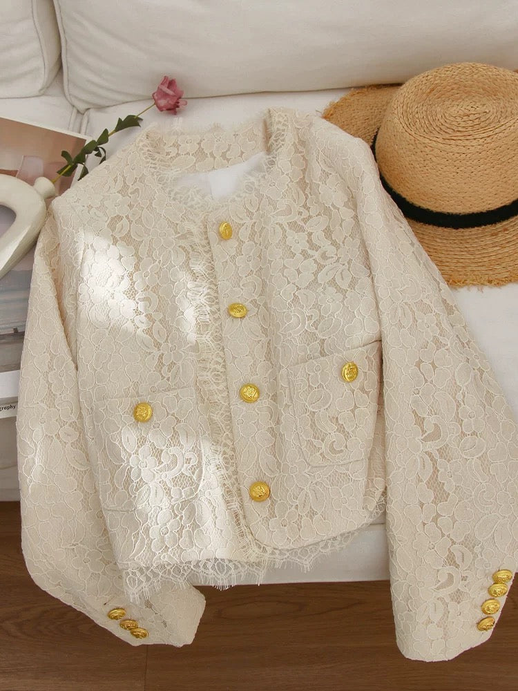 4U4U 2024 spring new style beige lace jacket for women, stunning daughter-in-law, small fragrant style single-breasted top
