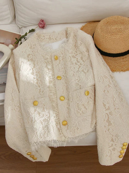 4U4U 2024 spring new style beige lace jacket for women, stunning daughter-in-law, small fragrant style single-breasted top