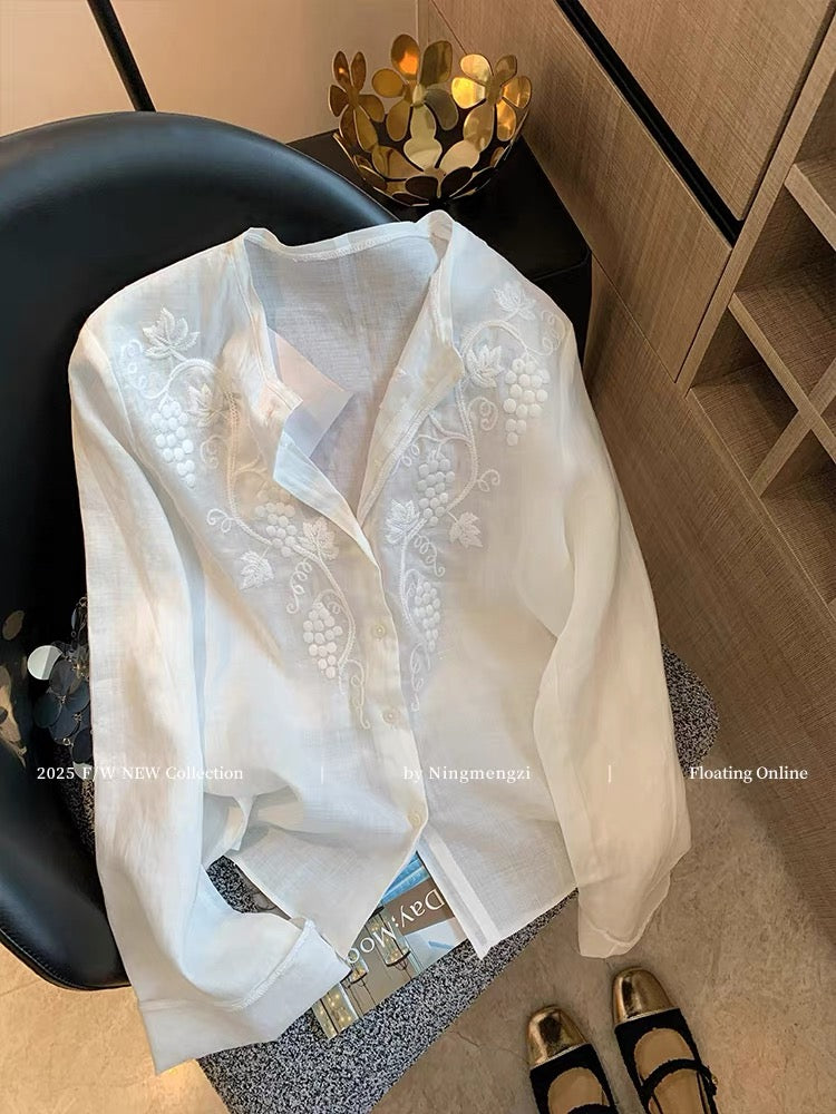 White heavy-duty embroidered linen shirt for women, new spring 2025 design, casual and elegant, simple shirt.