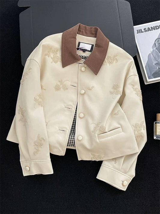 2025 Autumn New French Style Elegant Embroidered Short Cardigan with Lapel and Button-Down Collar - Women's Top