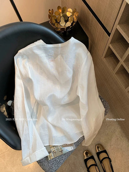 White heavy-duty embroidered linen shirt for women, new spring 2025 design, casual and elegant, simple shirt.