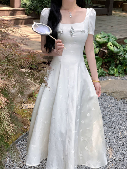 Send a letter "Moonlight Goddess Short Sleeve Version" Three-dimensional Jacquard Waist A Swing Custom Diamond Temperament Original Dress