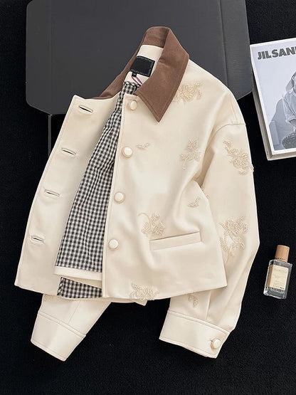 2025 Autumn New French Style Elegant Embroidered Short Cardigan with Lapel and Button-Down Collar - Women's Top