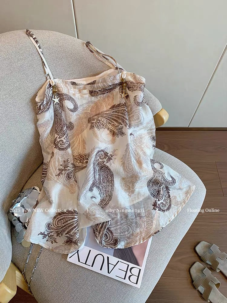 Retro-style printed beaded camisole for women, 2025 summer new style, elegant, slimming, and youthful top.