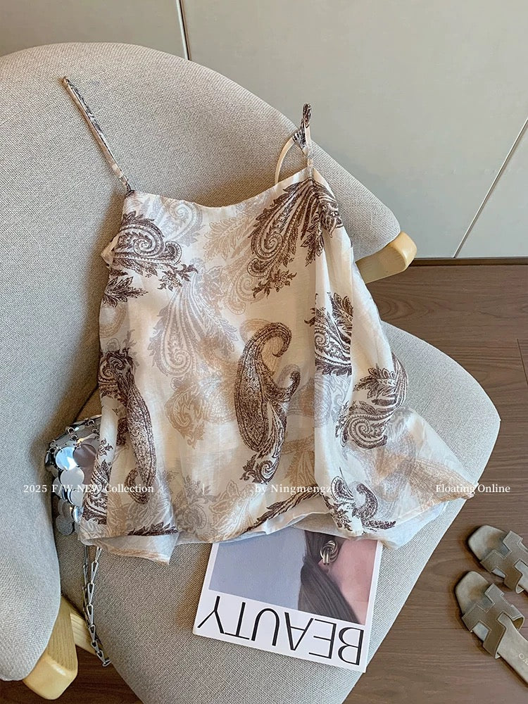 Retro-style printed beaded camisole for women, 2025 summer new style, elegant, slimming, and youthful top.