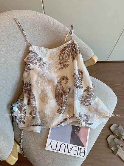 Retro-style printed beaded camisole for women, 2025 summer new style, elegant, slimming, and youthful top.