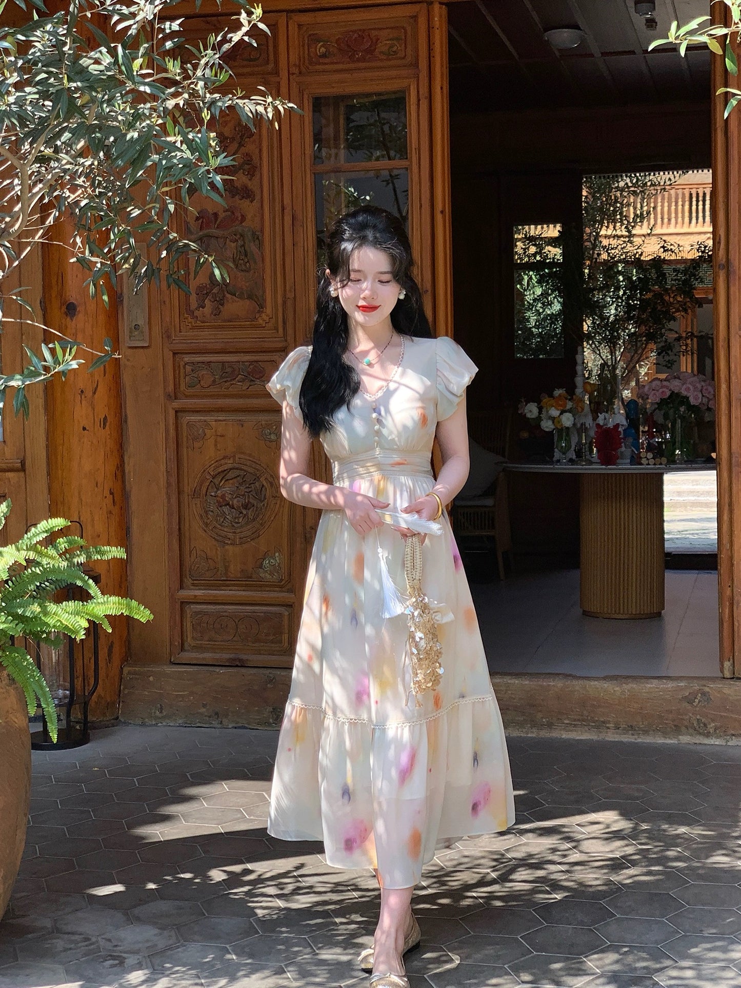 Send a letter "There is Sugar" Artistic Oil Painting Print Tea Break Dress Women's V-neck Long Waist Slimming Dress